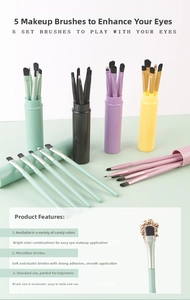 Detailed view of 5-piece professional eye makeup brush set with candy-colored storage tubes