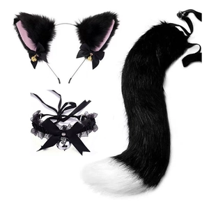 Detail view of plush black cat ears, long tail, and lace collar with bell party set