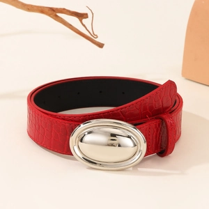 Minimalist red crocodile texture leather belt with a silver oval buckle for women