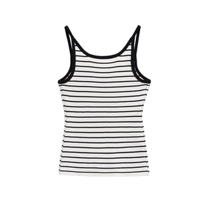 Close-up of black and white striped camisole showing ribbed texture and thin straps