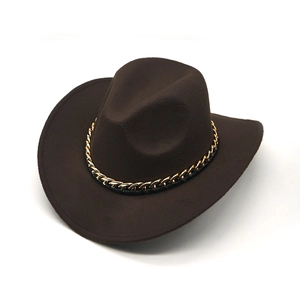 Dark brown wool western cowboy hat with gold chain band and curved brim for women and men