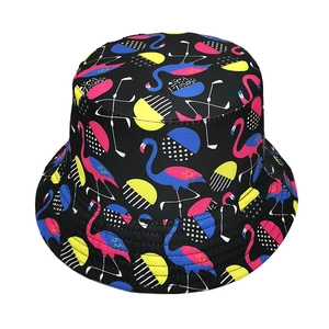 Close-up of flamingo print bucket hat showing fabric texture and neat stitching details