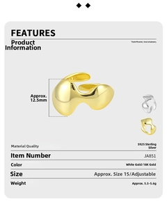 Detailed view of irregular geometric S925 sterling silver open ring with polished finish