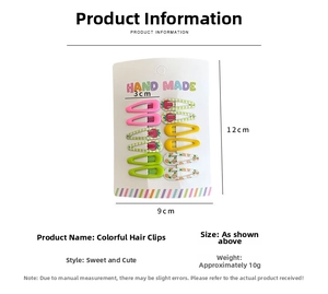Detailed view of 10-piece mini fruit print hair clips set with measurements and dimensions