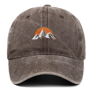 Classic coffee brown washed cotton baseball cap with embroidered snow mountain design