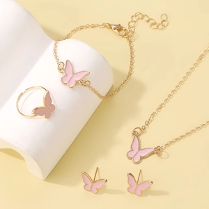 Conjunto de joyas de mariposa rosa con collar pulsera pendientes y anillo en dorado