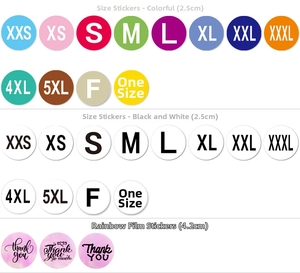 Macro detail of assorted colorful size labels and holographic Thank You seal stickers