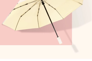 Detailed inner structure of automatic beige umbrella with black ribs and white gold handle