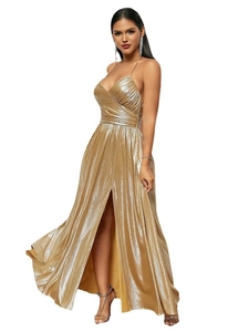 Sultry gold metallic pleated maxi dress with high slit and plunging V-neck design