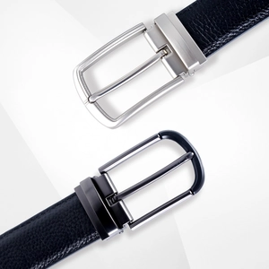 Men's genuine leather belts with silver and black alloy pin buckles on gray background