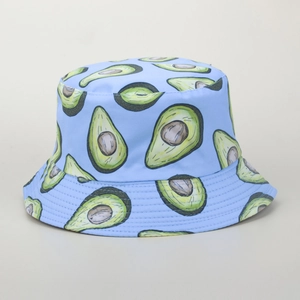 Close-up of hand-drawn avocado print on light blue cotton twill bucket hat
