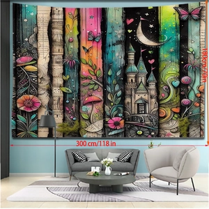Detailed view of large Christmas tapestry with size 300x180cm showing fantasy castle art