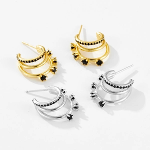 French style 925 silver C-shape hoop earrings with black zircon and multilayer gold finish