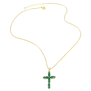 Detail of green zircon cross pendant with gold chain and adjustable lobster clasp