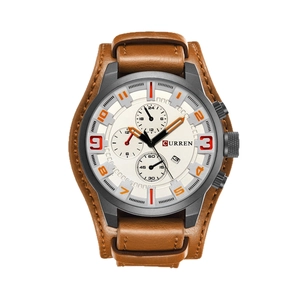 CURREN men's watch with brown leather strap, off-white dial and orange markers