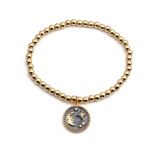 Goldenes Perlenarmband mit Mond- und Sternanhänger und glitzernden Zirkoniasteinen
