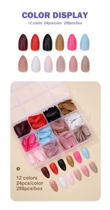 Detail view of 12-color almond fake nail set in a clear plastic organizer box
