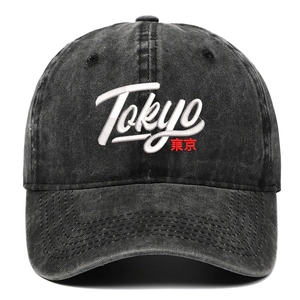 Washed Cotton Baseball Cap Tokyo Embroidery Vintage Distressed Adjustable Streetwear Sun Hat For Men Women