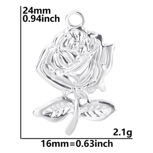 Detailed size specifications for the silver stainless steel rose flower pendant charm