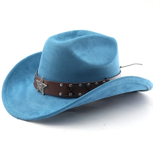Close-up of blue suede cowboy hat featuring a silver star badge and metal rivets decor