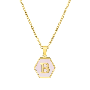 Close-up of golden hexagonal pendant with pink shell inlay and letter B on a thin chain
