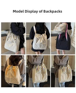 Detalles del bolso de lona con cordón ajustable y correas con letras decorativas