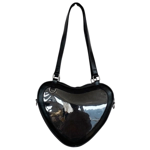 Detail view of heart-shaped JK Lolita bag in black PU leather with transparent PVC window