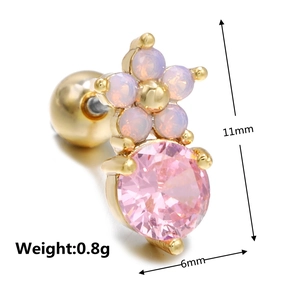 Detail shot of purple opal flower earring with pink zircon on 18k gold plated base