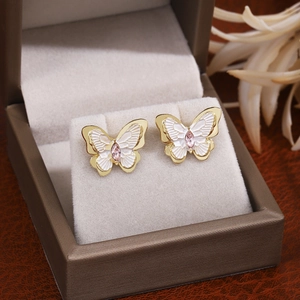 French vintage gold butterfly stud earrings with white enamel and pink zircon stones