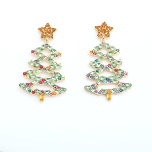 Golden Christmas tree earrings with colorful rhinestones and green gems on white background