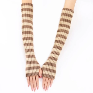 Detailed knit texture of long brown and beige striped fingerless gloves for women