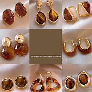 Vintage Maillard Resin Stud Earrings With 925 Sterling Silver Earring Post 18K Gold Plated Irregular Geometric For Women