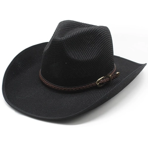 Classic black western cowboy hat with breathable mesh and brown woven leather band