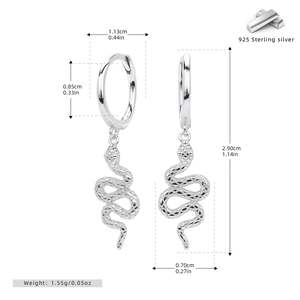 Detailed measurement of S925 sterling silver snake drop earrings with size indicators