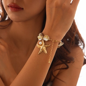 Golden starfish bracelet with natural seashell and white pearl for summer beach vacation