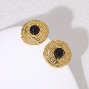 French vintage style gold titanium steel stud earrings with black round stone inlay