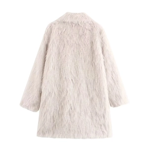Back view of elegant long-sleeve faux fur coat in pale pink and light grey colors