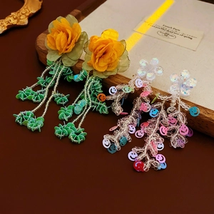 Elegant floral fabric tassel earrings with colorful sequins and beads for women