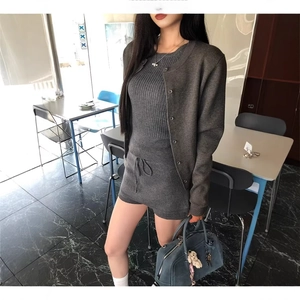 Deep grey knitted 3-piece set featuring long sleeve cardigan, tank top and drawstring shorts