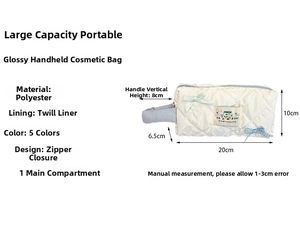 Detail of white glossy quilted makeup bag with light blue bow and zipper closure