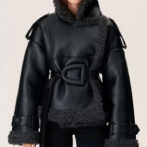 Women Faux Leather Biker Jacket Shearling Lined Lapel Coat With Waist Belt Moto Style Warm Outerwear