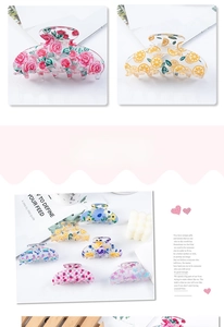 Detail showing various patterned hair clips with rose, lemon, and strawberry prints