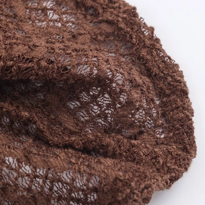 Brown sexy V-neck knit maxi dress with intricate lace mesh texture and ruffle details