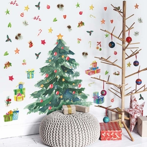 Watercolor Christmas tree wall stickers with gift boxes and stars in home living room decor