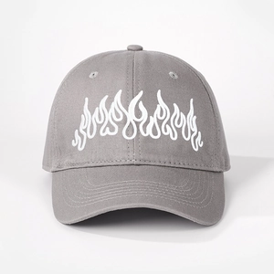 Grey cotton baseball cap with white flame embroidery, vintage adjustable sun hat