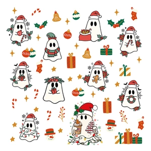 Christmas ghost window stickers with cute cartoon ghosts wearing Santa hats and scarves