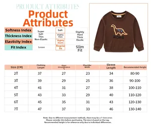 Size chart detail for children's dinosaur sweatshirt with height and measurement guide