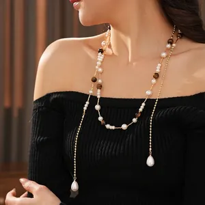 Vintage Long Sweater Chain Necklace With Tiger Eye And Faux Artificial Pearl Beads Gold Plated Metal Retro Elegant Style For Women