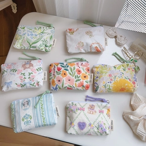 Mini Floral Cotton Coin Purse Portable Canvas Zipper Storage Pouch For Lipstick Earphone Sanitary Napkin Cute Bear Pattern