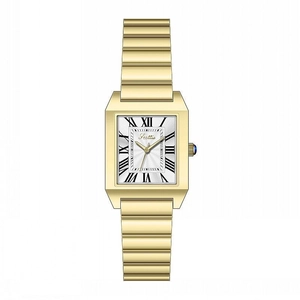 Detail of square gold watch with Roman numerals and blue cabochon gem on crown